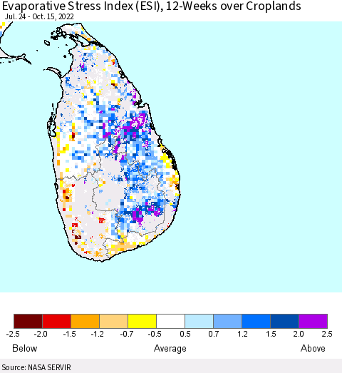 Sri Lanka Evaporative Stress Index (ESI), 12-Weeks over Croplands Thematic Map For 10/10/2022 - 10/16/2022