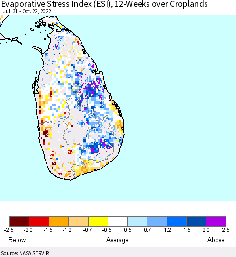 Sri Lanka Evaporative Stress Index (ESI), 12-Weeks over Croplands Thematic Map For 10/17/2022 - 10/23/2022