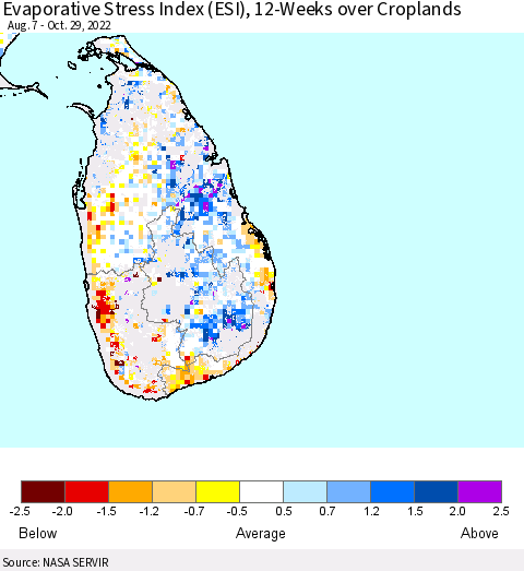 Sri Lanka Evaporative Stress Index (ESI), 12-Weeks over Croplands Thematic Map For 10/24/2022 - 10/30/2022