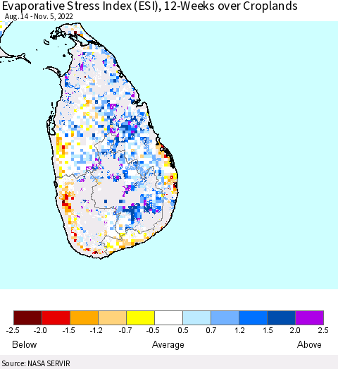 Sri Lanka Evaporative Stress Index (ESI), 12-Weeks over Croplands Thematic Map For 10/31/2022 - 11/6/2022