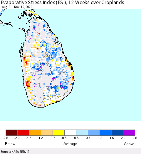 Sri Lanka Evaporative Stress Index (ESI), 12-Weeks over Croplands Thematic Map For 11/7/2022 - 11/13/2022