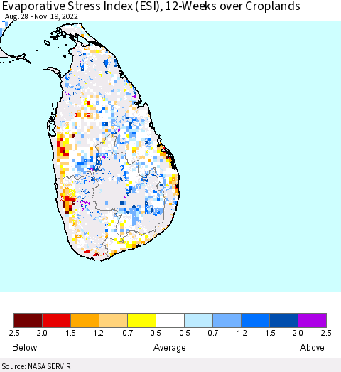Sri Lanka Evaporative Stress Index (ESI), 12-Weeks over Croplands Thematic Map For 11/14/2022 - 11/20/2022