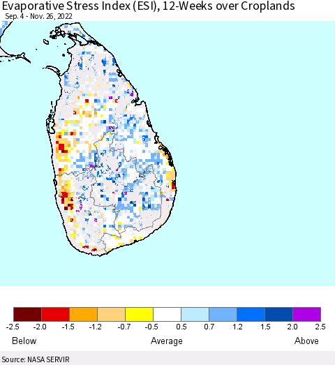 Sri Lanka Evaporative Stress Index (ESI), 12-Weeks over Croplands Thematic Map For 11/21/2022 - 11/27/2022