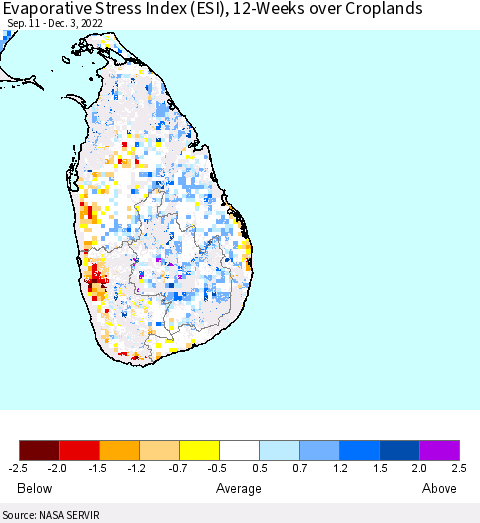 Sri Lanka Evaporative Stress Index (ESI), 12-Weeks over Croplands Thematic Map For 11/28/2022 - 12/4/2022