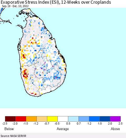 Sri Lanka Evaporative Stress Index (ESI), 12-Weeks over Croplands Thematic Map For 12/5/2022 - 12/11/2022