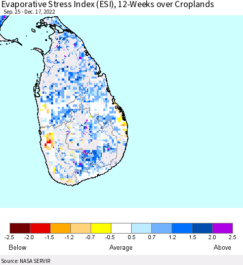 Sri Lanka Evaporative Stress Index (ESI), 12-Weeks over Croplands Thematic Map For 12/12/2022 - 12/18/2022