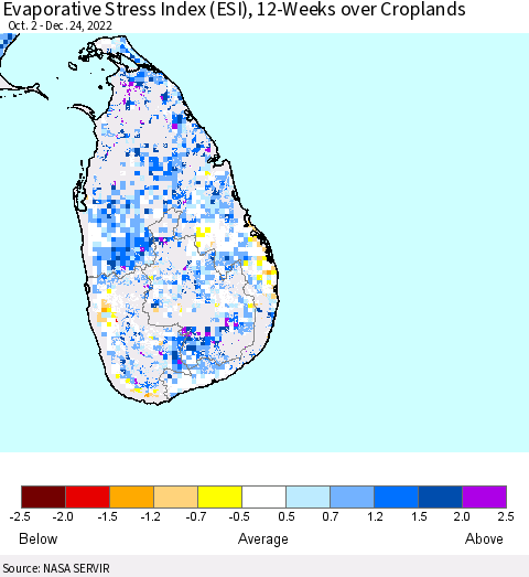 Sri Lanka Evaporative Stress Index (ESI), 12-Weeks over Croplands Thematic Map For 12/19/2022 - 12/25/2022