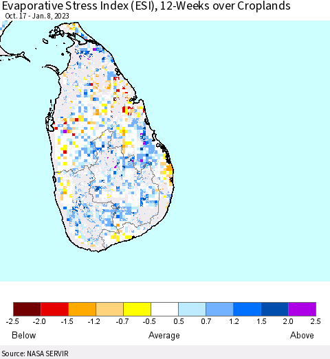 Sri Lanka Evaporative Stress Index (ESI), 12-Weeks over Croplands Thematic Map For 1/2/2023 - 1/8/2023