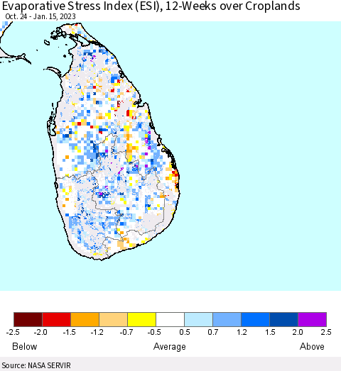 Sri Lanka Evaporative Stress Index (ESI), 12-Weeks over Croplands Thematic Map For 1/9/2023 - 1/15/2023