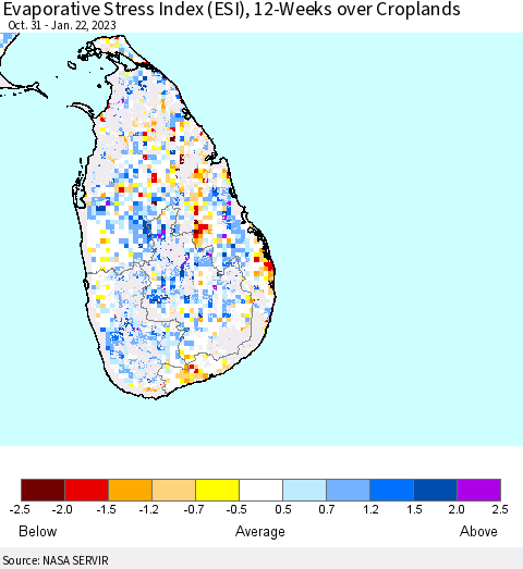 Sri Lanka Evaporative Stress Index (ESI), 12-Weeks over Croplands Thematic Map For 1/16/2023 - 1/22/2023