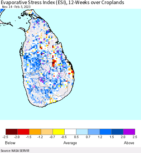 Sri Lanka Evaporative Stress Index (ESI), 12-Weeks over Croplands Thematic Map For 1/30/2023 - 2/5/2023