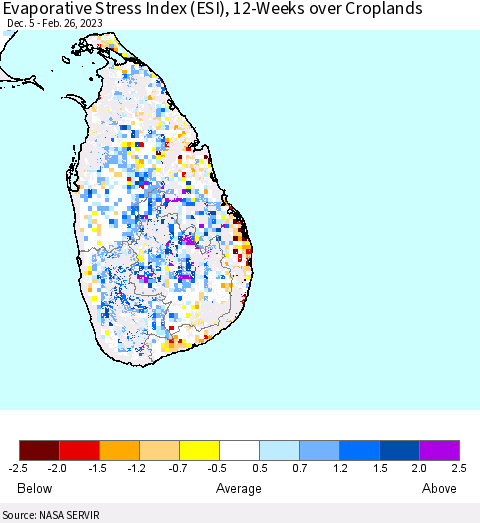 Sri Lanka Evaporative Stress Index (ESI), 12-Weeks over Croplands Thematic Map For 2/20/2023 - 2/26/2023