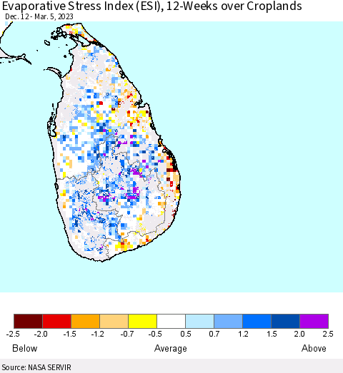 Sri Lanka Evaporative Stress Index (ESI), 12-Weeks over Croplands Thematic Map For 2/27/2023 - 3/5/2023