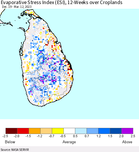 Sri Lanka Evaporative Stress Index (ESI), 12-Weeks over Croplands Thematic Map For 3/6/2023 - 3/12/2023
