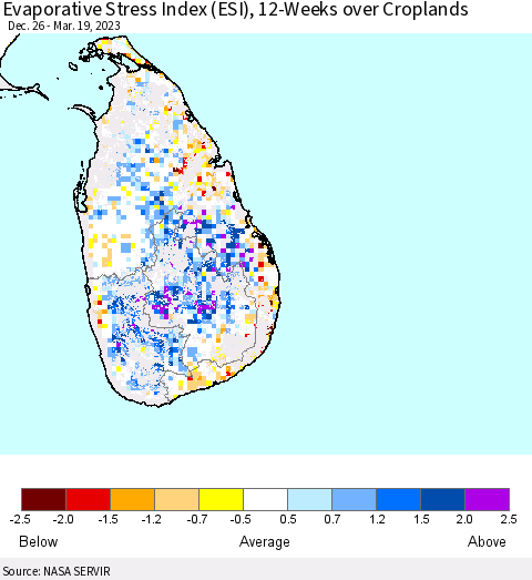 Sri Lanka Evaporative Stress Index (ESI), 12-Weeks over Croplands Thematic Map For 3/13/2023 - 3/19/2023