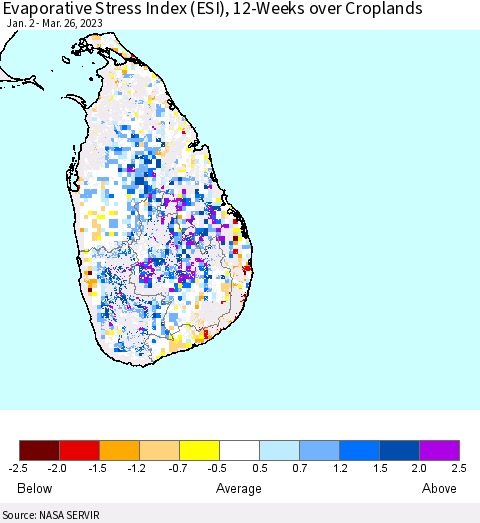 Sri Lanka Evaporative Stress Index (ESI), 12-Weeks over Croplands Thematic Map For 3/20/2023 - 3/26/2023