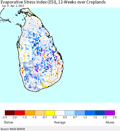 Sri Lanka Evaporative Stress Index (ESI), 12-Weeks over Croplands Thematic Map For 3/27/2023 - 4/2/2023