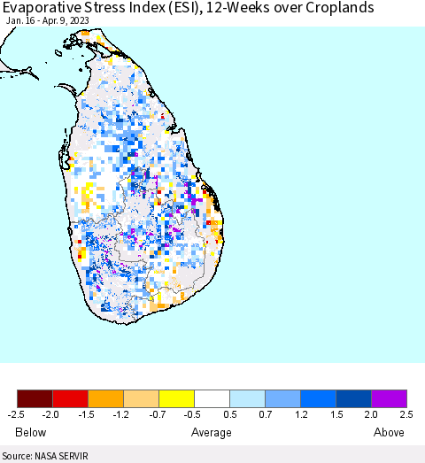 Sri Lanka Evaporative Stress Index (ESI), 12-Weeks over Croplands Thematic Map For 4/3/2023 - 4/9/2023