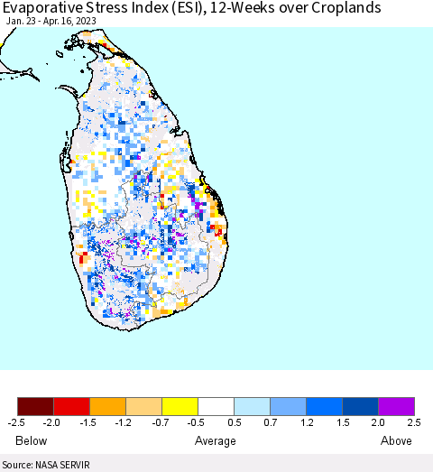 Sri Lanka Evaporative Stress Index (ESI), 12-Weeks over Croplands Thematic Map For 4/10/2023 - 4/16/2023