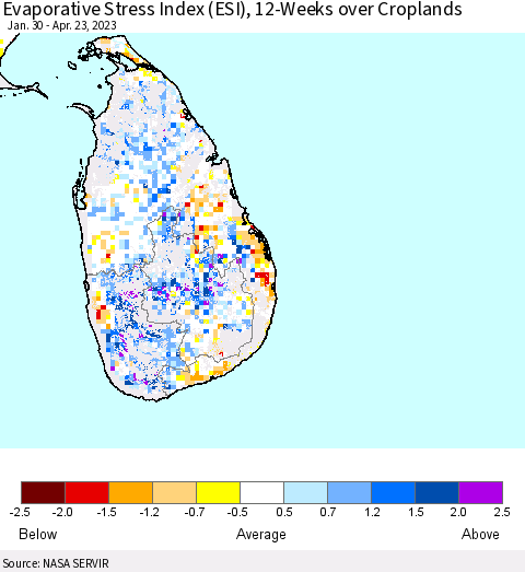 Sri Lanka Evaporative Stress Index (ESI), 12-Weeks over Croplands Thematic Map For 4/17/2023 - 4/23/2023