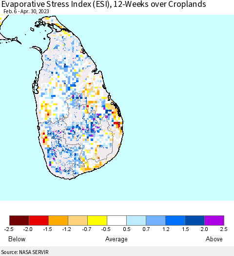Sri Lanka Evaporative Stress Index (ESI), 12-Weeks over Croplands Thematic Map For 4/24/2023 - 4/30/2023