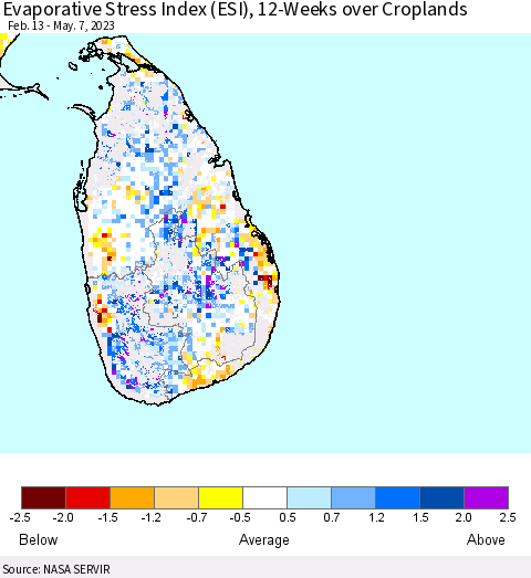 Sri Lanka Evaporative Stress Index (ESI), 12-Weeks over Croplands Thematic Map For 5/1/2023 - 5/7/2023