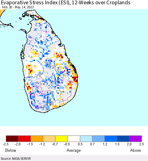 Sri Lanka Evaporative Stress Index (ESI), 12-Weeks over Croplands Thematic Map For 5/8/2023 - 5/14/2023