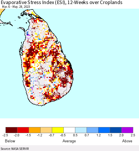 Sri Lanka Evaporative Stress Index (ESI), 12-Weeks over Croplands Thematic Map For 5/22/2023 - 5/28/2023