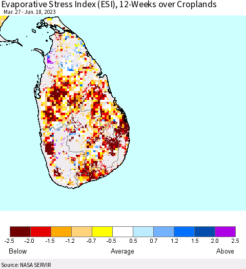 Sri Lanka Evaporative Stress Index (ESI), 12-Weeks over Croplands Thematic Map For 6/12/2023 - 6/18/2023