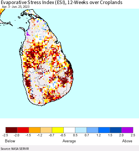 Sri Lanka Evaporative Stress Index (ESI), 12-Weeks over Croplands Thematic Map For 6/19/2023 - 6/25/2023