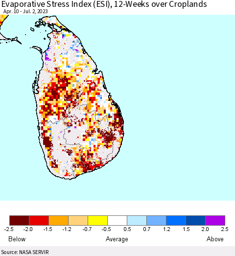 Sri Lanka Evaporative Stress Index (ESI), 12-Weeks over Croplands Thematic Map For 6/26/2023 - 7/2/2023