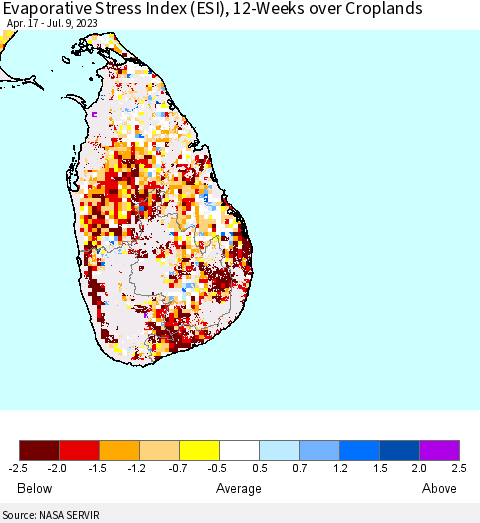 Sri Lanka Evaporative Stress Index (ESI), 12-Weeks over Croplands Thematic Map For 7/3/2023 - 7/9/2023
