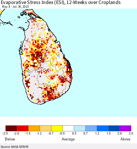 Sri Lanka Evaporative Stress Index (ESI), 12-Weeks over Croplands Thematic Map For 7/24/2023 - 7/30/2023