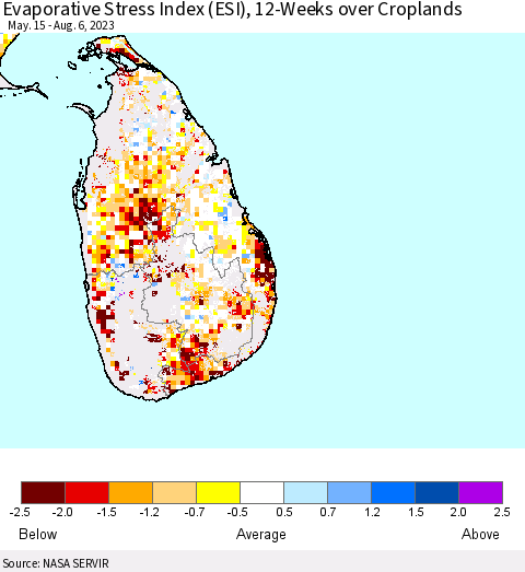 Sri Lanka Evaporative Stress Index (ESI), 12-Weeks over Croplands Thematic Map For 7/31/2023 - 8/6/2023
