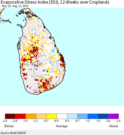 Sri Lanka Evaporative Stress Index (ESI), 12-Weeks over Croplands Thematic Map For 8/7/2023 - 8/13/2023