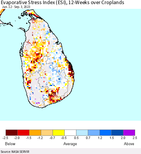 Sri Lanka Evaporative Stress Index (ESI), 12-Weeks over Croplands Thematic Map For 8/28/2023 - 9/3/2023