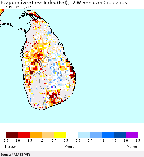 Sri Lanka Evaporative Stress Index (ESI), 12-Weeks over Croplands Thematic Map For 9/4/2023 - 9/10/2023