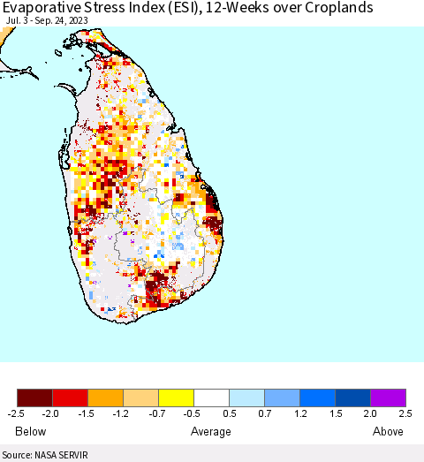 Sri Lanka Evaporative Stress Index (ESI), 12-Weeks over Croplands Thematic Map For 9/18/2023 - 9/24/2023