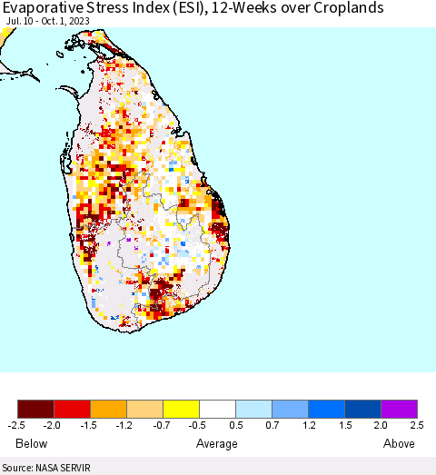 Sri Lanka Evaporative Stress Index (ESI), 12-Weeks over Croplands Thematic Map For 9/25/2023 - 10/1/2023