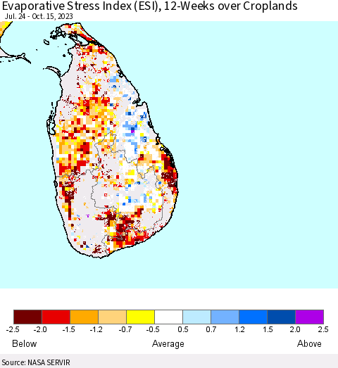 Sri Lanka Evaporative Stress Index (ESI), 12-Weeks over Croplands Thematic Map For 10/9/2023 - 10/15/2023