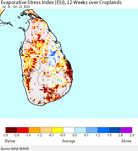 Sri Lanka Evaporative Stress Index (ESI), 12-Weeks over Croplands Thematic Map For 10/16/2023 - 10/22/2023
