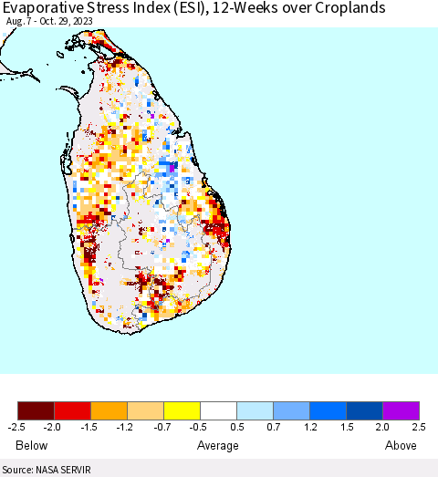 Sri Lanka Evaporative Stress Index (ESI), 12-Weeks over Croplands Thematic Map For 10/23/2023 - 10/29/2023