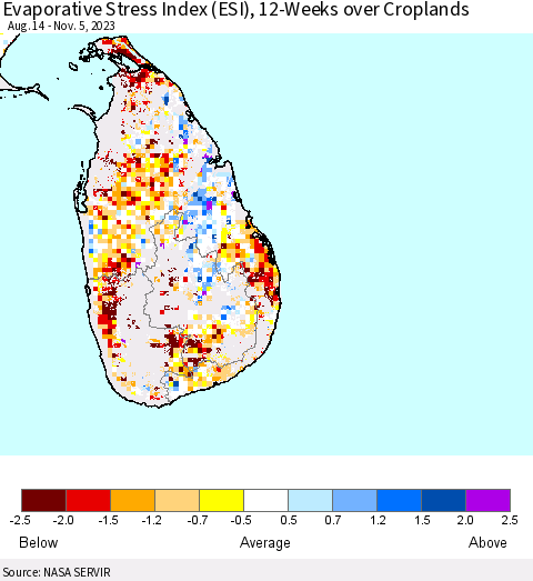 Sri Lanka Evaporative Stress Index (ESI), 12-Weeks over Croplands Thematic Map For 10/30/2023 - 11/5/2023