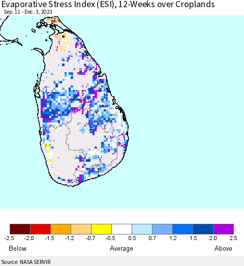 Sri Lanka Evaporative Stress Index (ESI), 12-Weeks over Croplands Thematic Map For 11/27/2023 - 12/3/2023