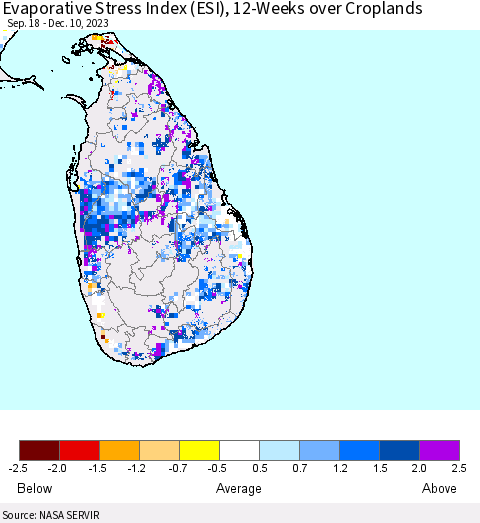 Sri Lanka Evaporative Stress Index (ESI), 12-Weeks over Croplands Thematic Map For 12/4/2023 - 12/10/2023