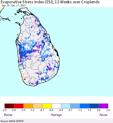 Sri Lanka Evaporative Stress Index (ESI), 12-Weeks over Croplands Thematic Map For 12/11/2023 - 12/17/2023