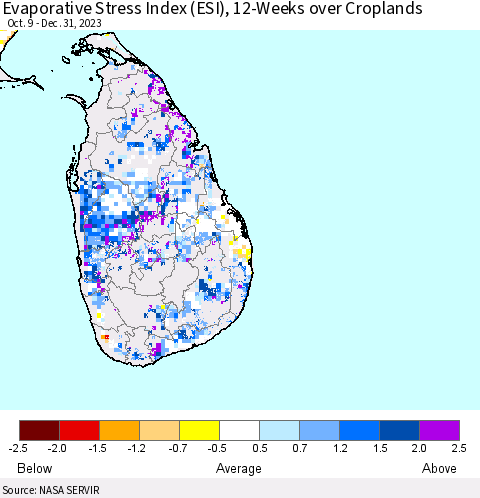 Sri Lanka Evaporative Stress Index (ESI), 12-Weeks over Croplands Thematic Map For 1/1/2024 - 1/7/2024