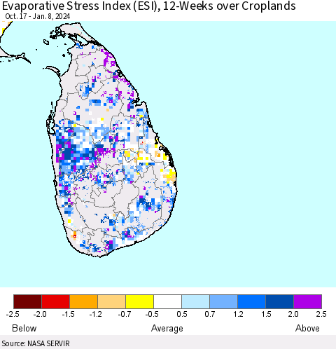 Sri Lanka Evaporative Stress Index (ESI), 12-Weeks over Croplands Thematic Map For 1/8/2024 - 1/14/2024