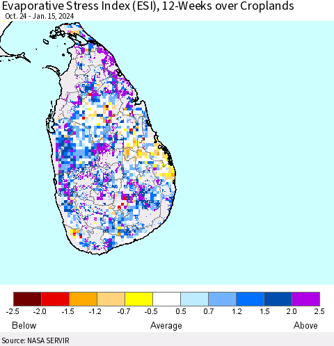 Sri Lanka Evaporative Stress Index (ESI), 12-Weeks over Croplands Thematic Map For 1/15/2024 - 1/21/2024