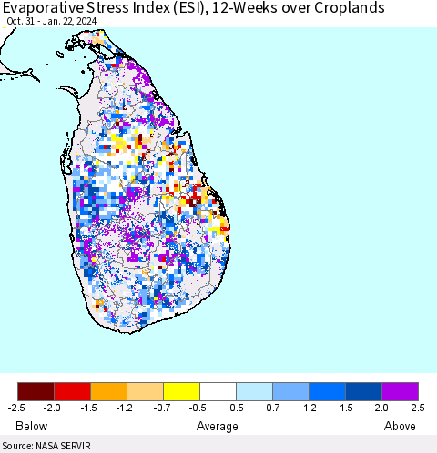 Sri Lanka Evaporative Stress Index (ESI), 12-Weeks over Croplands Thematic Map For 1/22/2024 - 1/28/2024
